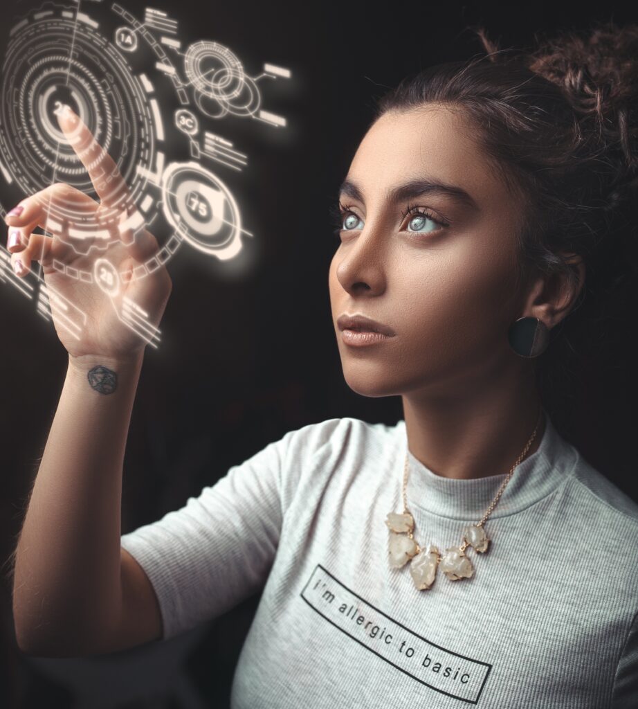 An image of a woman in a futuristic career showing the best in demand jobs for the future.  The 17 best future careers are described in this blog article.