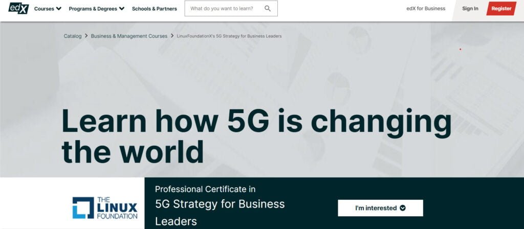 edX - Professional Certificate in 5G Strategy for Business Leaders course page