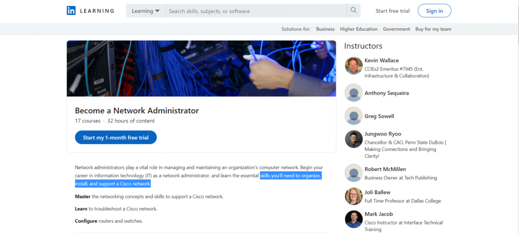 LinkedIn Learning - Become a Network Administrator course page