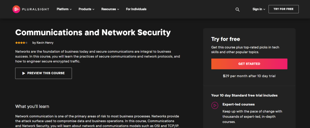 Pluralsight - Communications and Network Security course page