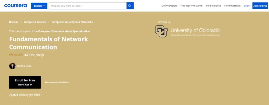 Coursera - Fundamentals of Network Communication course page
