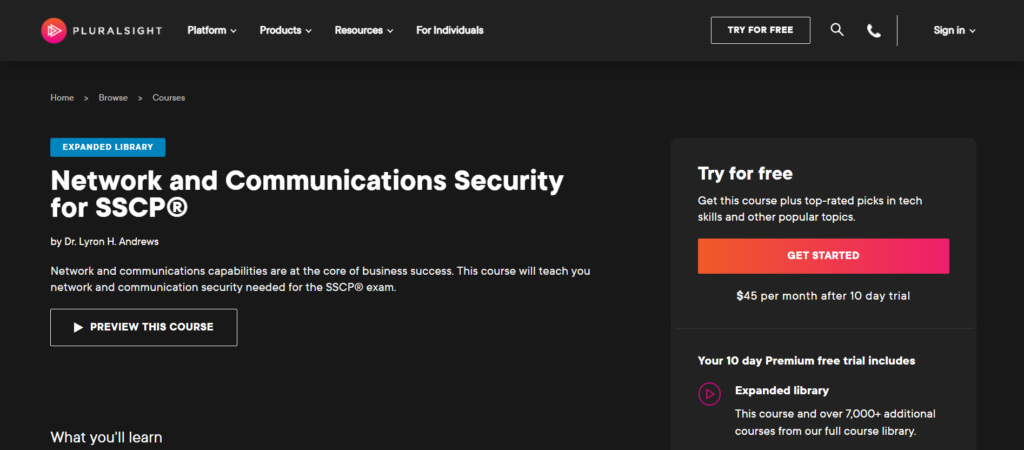 Pluralsight - Network and Communications Security for SSCP  course page