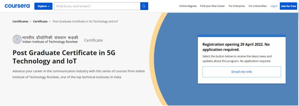 Coursera - Post Graduate Certificate in 5G Technology and IoT course page