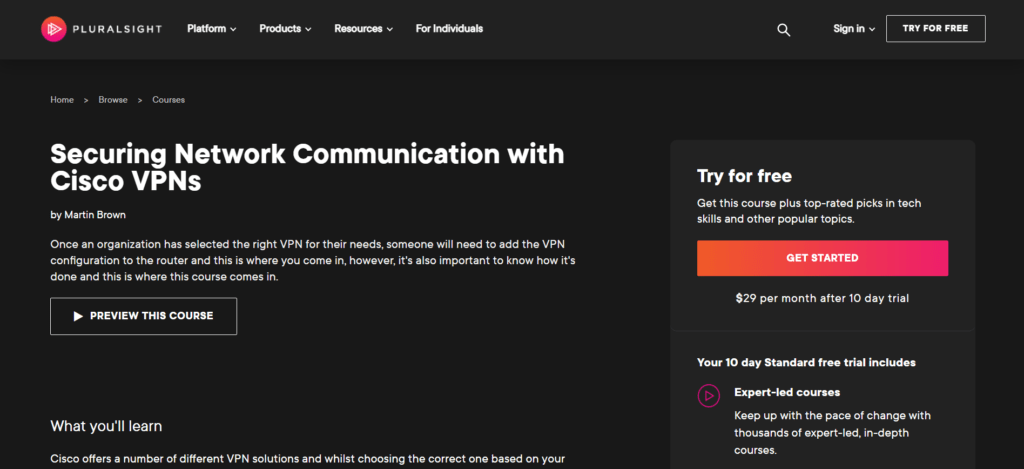 Pluralsight - Securing Network Communication with Cisco VPNs course page