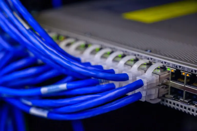 6 Best Online Networking Courses To Boost Your Career (2026) 18 Close-Up Of Blue Ethernet Cables Plugged Into A Network Switch In A Data Centre, Representing The Best Online Networking Courses And Top Network Communications Courses For 2025.