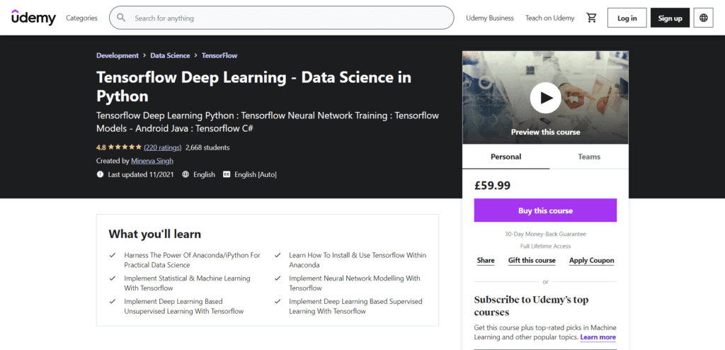 Tensorflow Deep Learning - Data Science in Python, Best TensorFlow Course for learning Data Science in Python, Tensorflow Data Science course