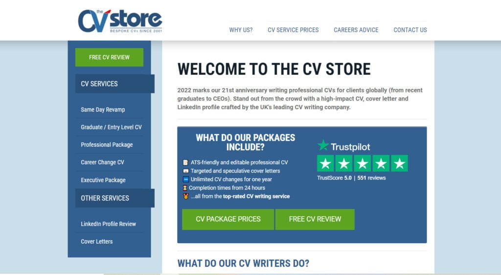The CV Store Home page image