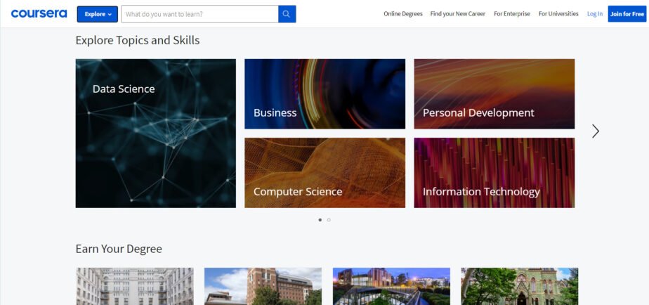 Image of topics that Coursera offers courses in, including Data Science, Business, Computer Science, Personal Development and Information Technology