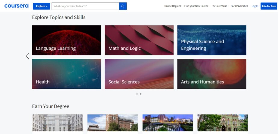 Image of topics that Coursera offers courses in, including Language Learning, Math and Logic, Physical Science and Engineering, Health, Social Science, Arts and Humanities