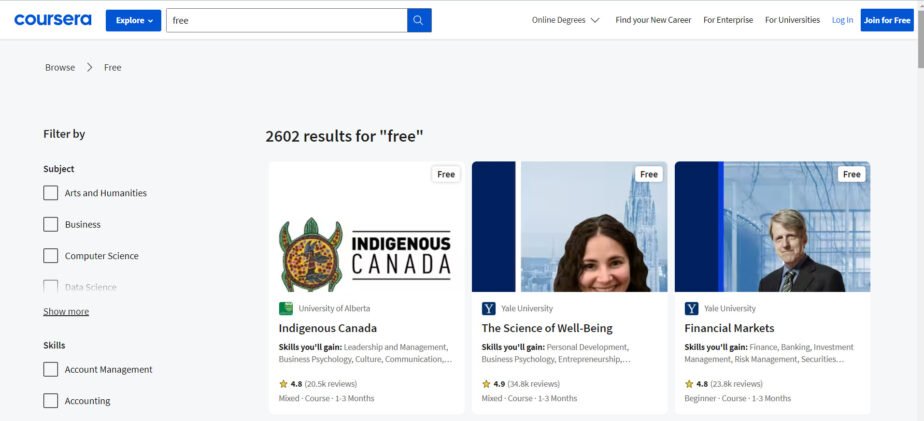 An image of the Coursera page displaying the 2602 free courses on the online learning platform