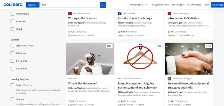 A Coursera Page Displaying Some Of The Free Courses