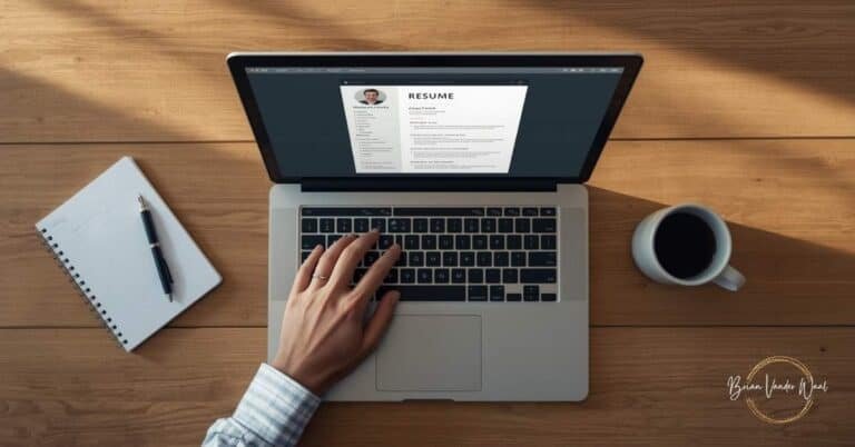 How To Use Ai Resume Builders To Get Interviews In 2026 1 Professional Overhead Shot Of A Modern Workspace, Natural Lighting, Realistic Photography Style. Centre Focus: Sleek Laptop Displaying A Clean Resume Template On Screen, Coffee Cup To The Right, Notebook To The Left. Human Hand Resting Naturally On Laptop Trackpad, Business Casual Attire Visible (Shirt Cuff). Wooden Desk, Minimalist Aesthetic.