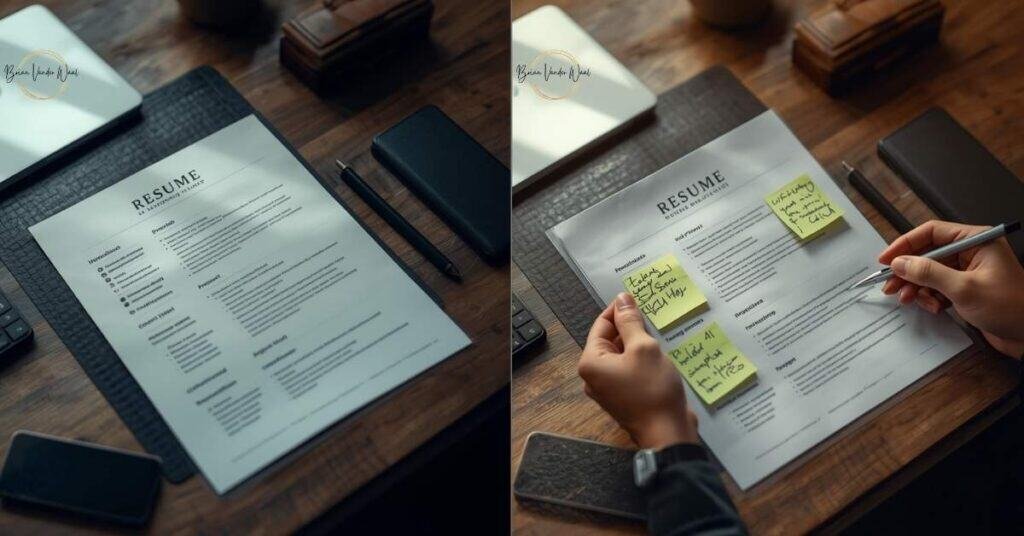 A Side-By-Side Image. On The Left Side Is A Generic Printed Resume With Bland Formatting, Plain Appearance, Sitting On Dark Desk. On The Right Side Is An Enhanced Resume With Professional Layout, Subtle Highlights, Sticky Notes With Handwritten Additions, Held By Professional Hands. Same Desk, Same Lighting, Showing Transformation. 
