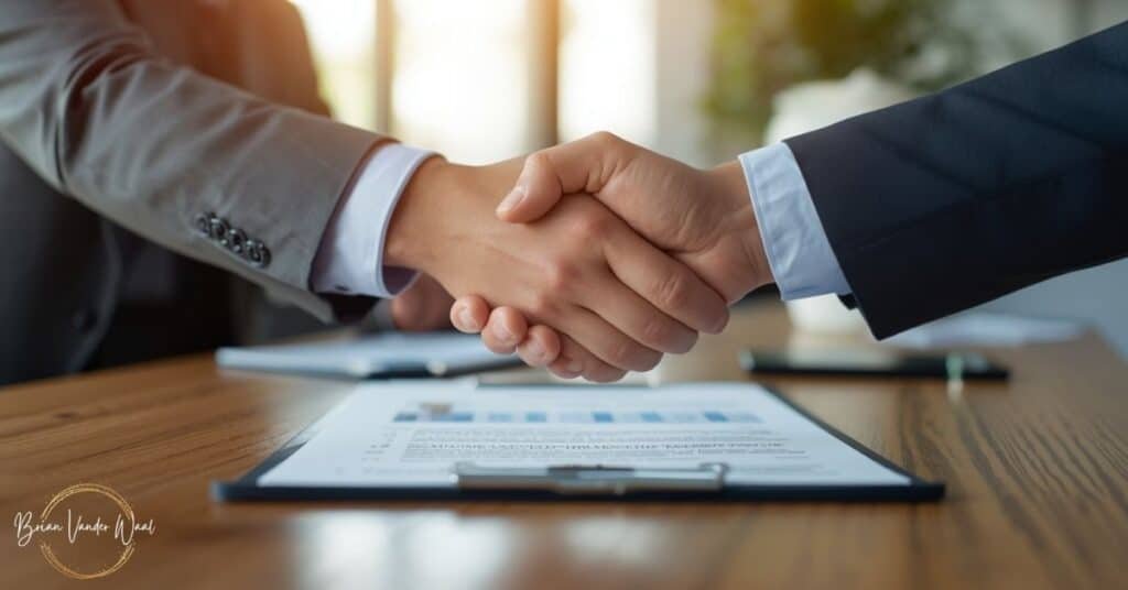 An Image Of A Professional Business Handshake Across Desk. It Is Close-Up Photography With Natural Office Lighting. The Resume Or Cv Document Is Visible On Desk Between Them, Subtle And Blurred. The Focus Is On The Handshake In The Foreground, With Business Casual Attire Visible On Both Parties. 