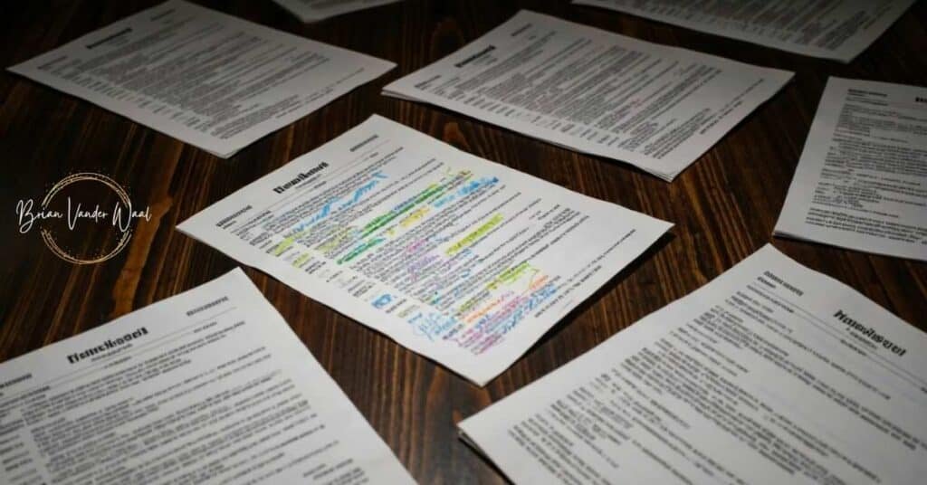 Overhead Image Of Multiple Printed Resumes / Cvs Scattered Across Dark Wooden Desk Surface, All Identical Layout And Format, Creating Pattern Of Sameness. One Resume In Centre Is Different - Has Handwritten Notes In Margins, Coloured Highlights, Personal Touches. Professional Documentary Photography Style, Shallow Depth Of Field Focusing On The Unique Resume.