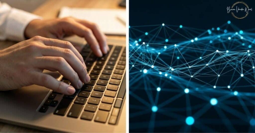A Split-Screen Image. Left Side: Close-Up Of Hands Typing On Laptop Keyboard, Warm Office Lighting. Right Side: Abstract Representation Of Data Flowing, Network Connections, Subtle Blue Glowing Nodes Interconnected With Thin Lines, Dark Background. Clean Division Between Human Action And Digital Process. 