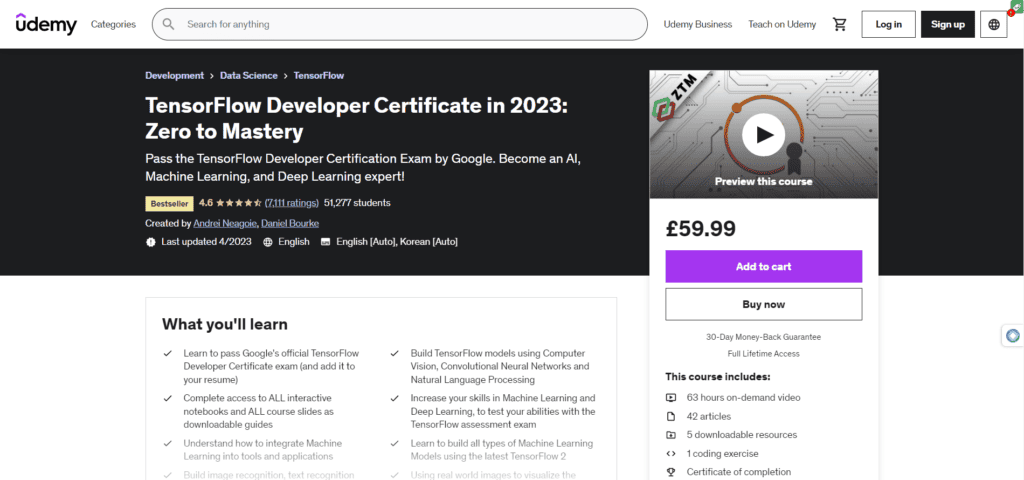 Image of course page for Udemy - TensorFlow Developer Certificate in 2023: Zero to Mastery