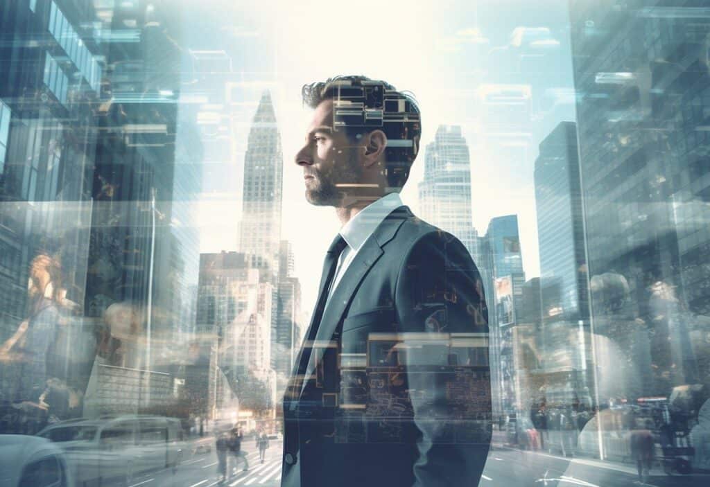 A picture of an AI Engineer, wearing a suit and tie, with a silhouette of a city and skyscrapers in the background.  This picture represents AI Career Paths.