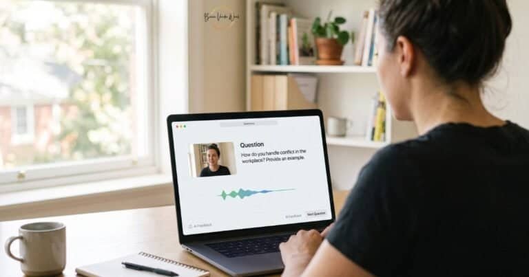 Over-The-Shoulder View Of A Woman Practicing A Mock Interview On A Laptop Running An Ai Interview Coaching App Displaying A Question And Audio Waveform.