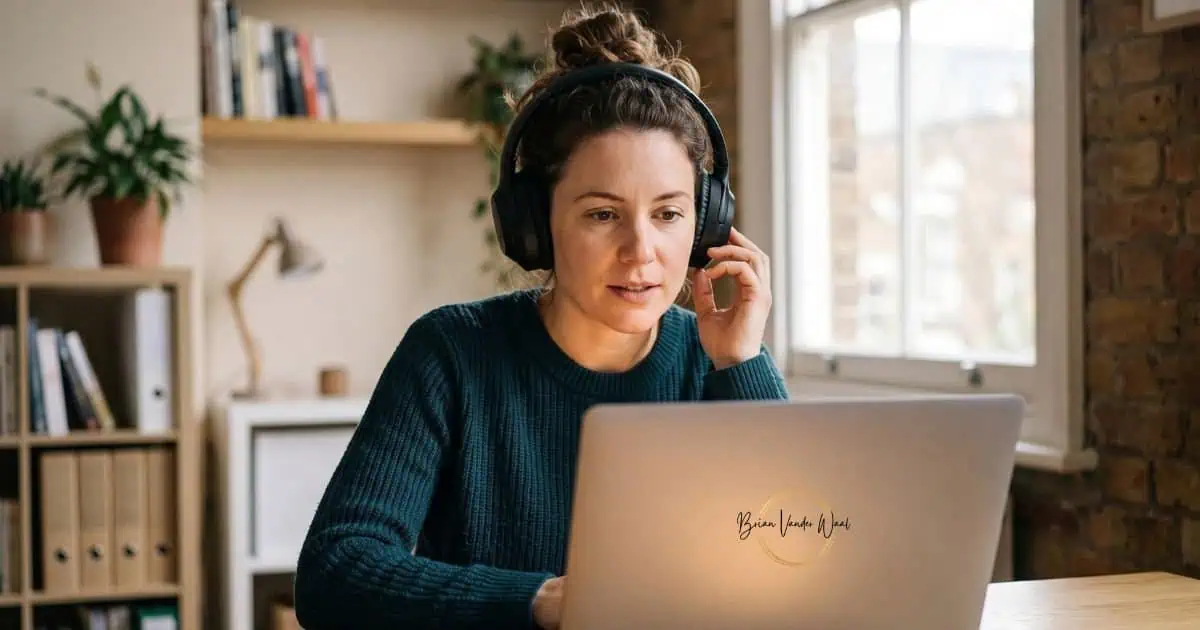 A Woman Wearing Over-Ear Headphones Sitting At A Desk, Looking Focused As She Records A One-Way Video Interview On Her Laptop.