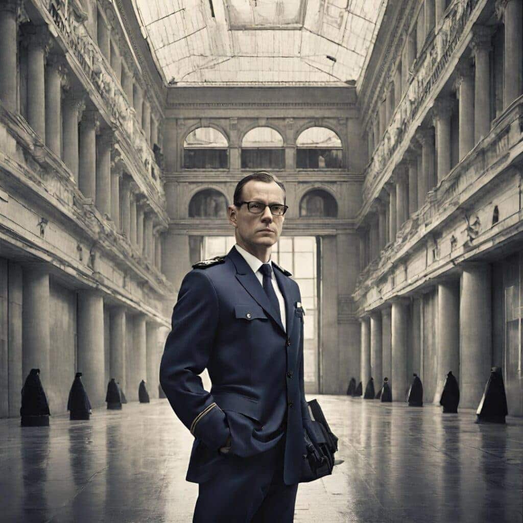 A Image Of A Mi6 Intelligence Officer In A Suit And Tie Uniform Standing In A Grand Hall With Pillars.