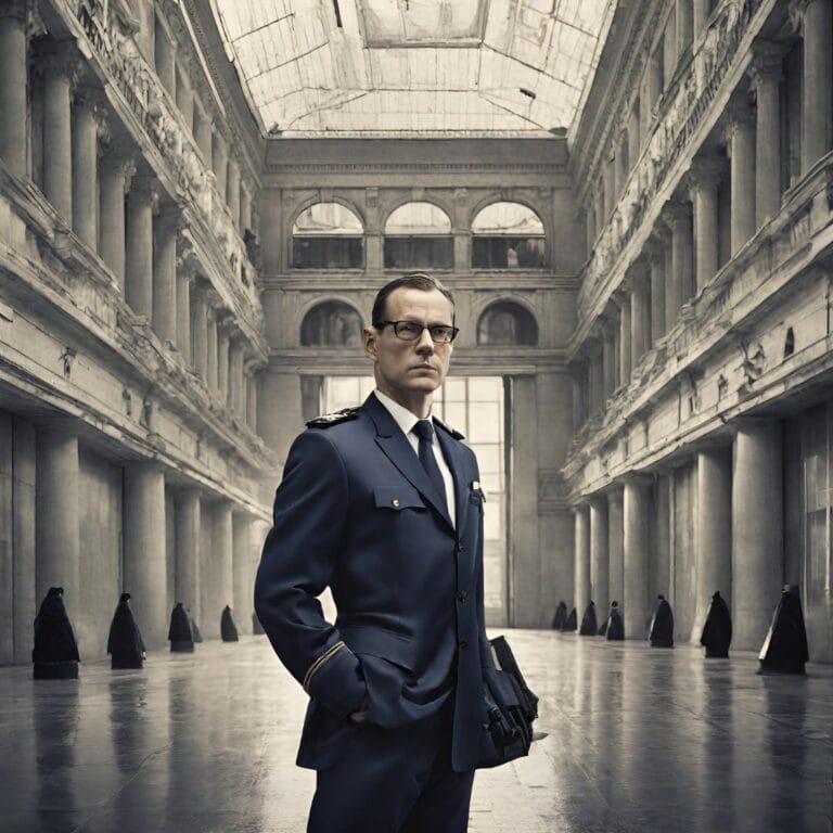 A image of a MI6 Intelligence Officer in a Suit and tie Uniform standing in a grand hall with pillars.