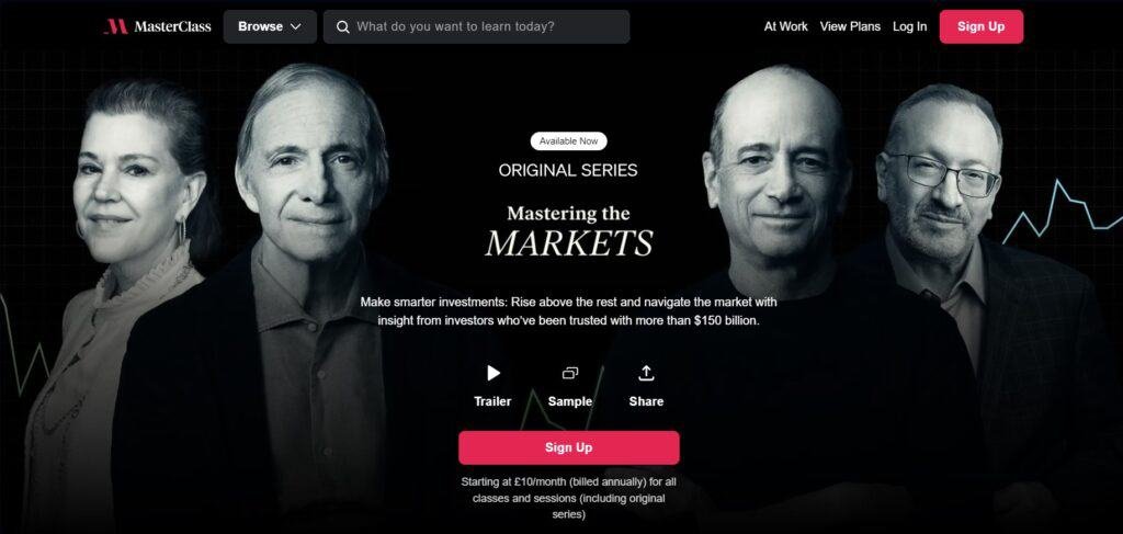 Mastering The Markets Masterclass Review: Grow Wealth Wisely 1 An Image Of The Mastering The Markets By Masterclass Course Web Page. An Image Of Ray Dalio, Meredith Whitney, Joel Greenblatt, And Seth Klarman, The Experts Who Teach The Course Are On There. This Image Is Provided For Brian Vander Waal’s Mastering The Markets Masterclass Review.