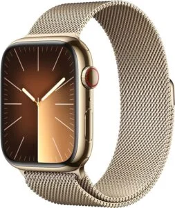 Apple Watch Series 9 Smartwatch With Gold Stainless Steel Case And Gold Milanese Loop. This Is The Best Adhd Watch For Seamless Apple Integration.