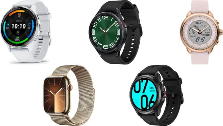 An image of Garmin Venu 3, Apple Watch Series 9, Samsung Galaxy Watch 6, TicWatch Pro 5 and Fossil Gen 6