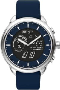 Fossil Unisex Smartwatch Gen 6 Wellness Edition Hybrid with Stainless Steel Case and a blue band.