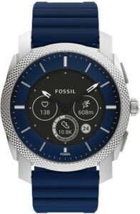 Fossil Smartwatch for men, Machine Gen 6 Hybrid with Stainless Steel Case and a blue band.