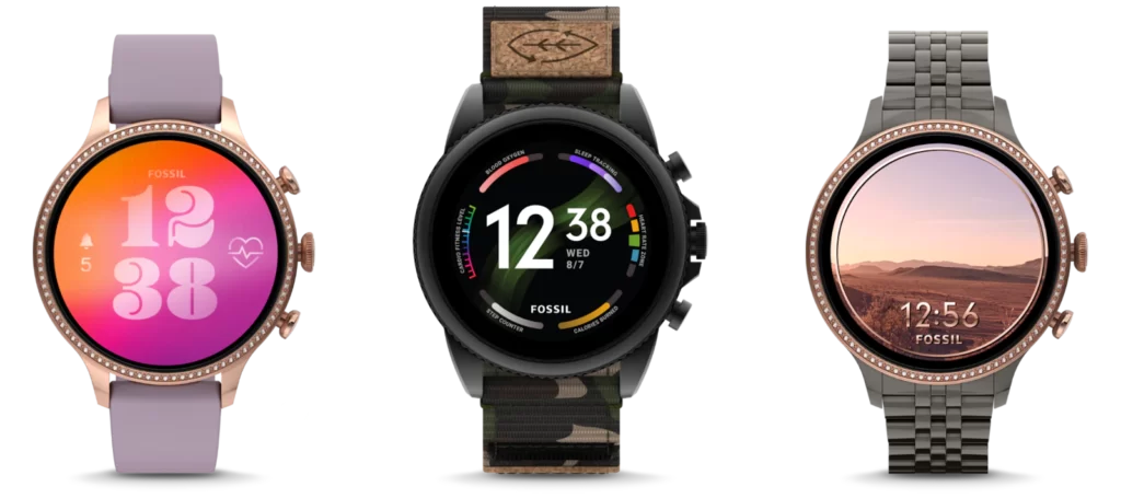 Three Fossil Gen 6 watches in different bands and colors