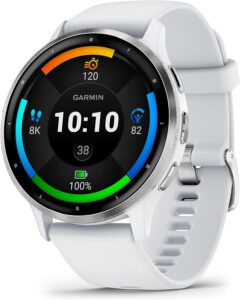 Garmin Venu 3 with Silver stainless steel bezel and whitestone case and silicone band