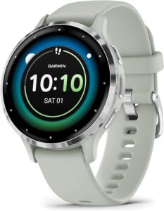 Garmin Venu 3S with Silver stainless steel bezel and sage grey case and silicone band