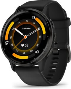 Garmin Venu 3 with Slate stainless steel bezel and black case and silicone band