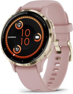 Garmin Venu 3S with Soft gold stainless steel bezel and dust rose case and silicone band