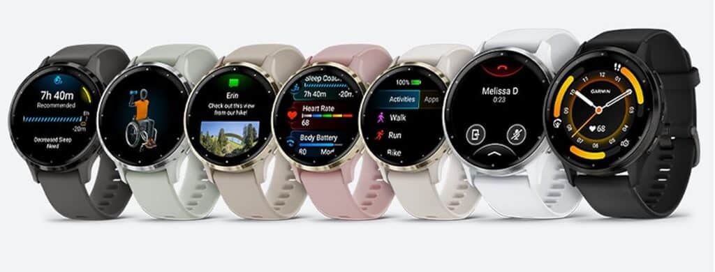 A picture of seven versions of the Garmin Venu 3 in various colors.