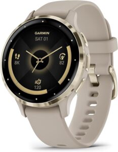 Garmin Venu 3S with Soft gold stainless steel bezel and French grey case and silicone band