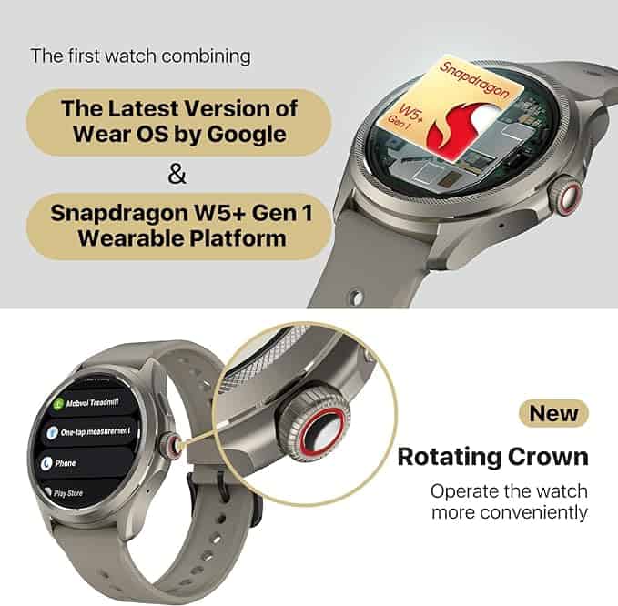 Am image containing pictures of the TicWatch Pro 5 with the words "The first watch combining the Latest Version of Wear OS by Google & Snapdragon W5+ Gen1 Wearable Platform" Below it says, "New Rotating Crown: Operate the watch more conveniently."