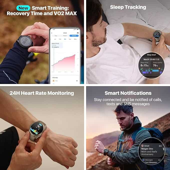This image contains images of the TicWatch Pro 5 and information about the watch.  It says" New Smart Training Recovery Time and VO2 MAX," "Sleep Tracking" "24H Heart Rate Monitoring," and "Smart Notifications: Stay connected and be notified of calls,, texts and SMS messages."