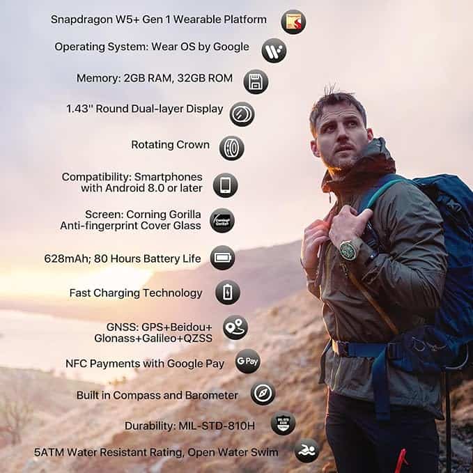 An image of a man backpacking in the mountains with all the specs for the TicWatch Pro 5.