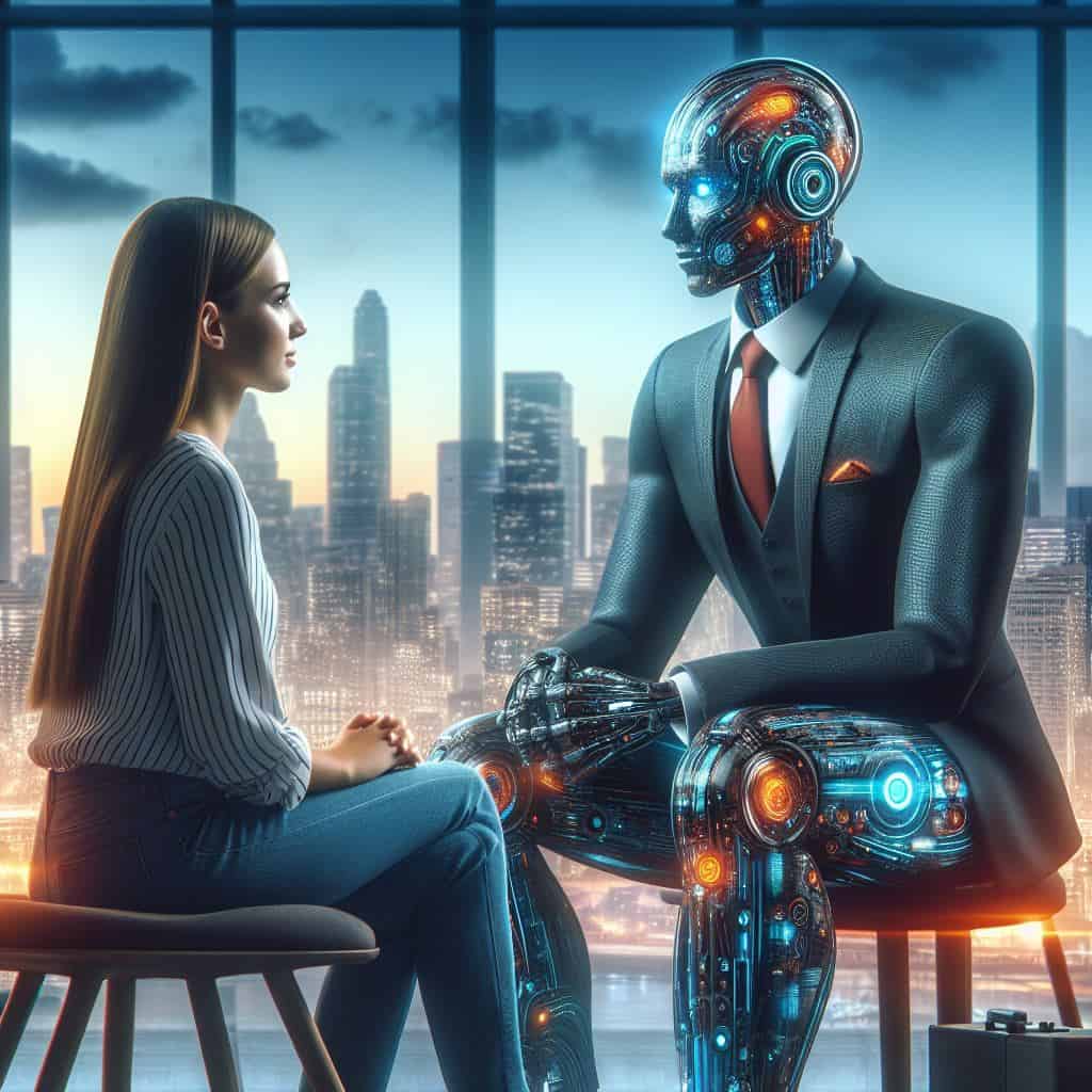 An image of an AI man in a suit, who is an AI Coach, giving advice and guidance to a woman. You can see a city through the window with a number of skyscrapers.