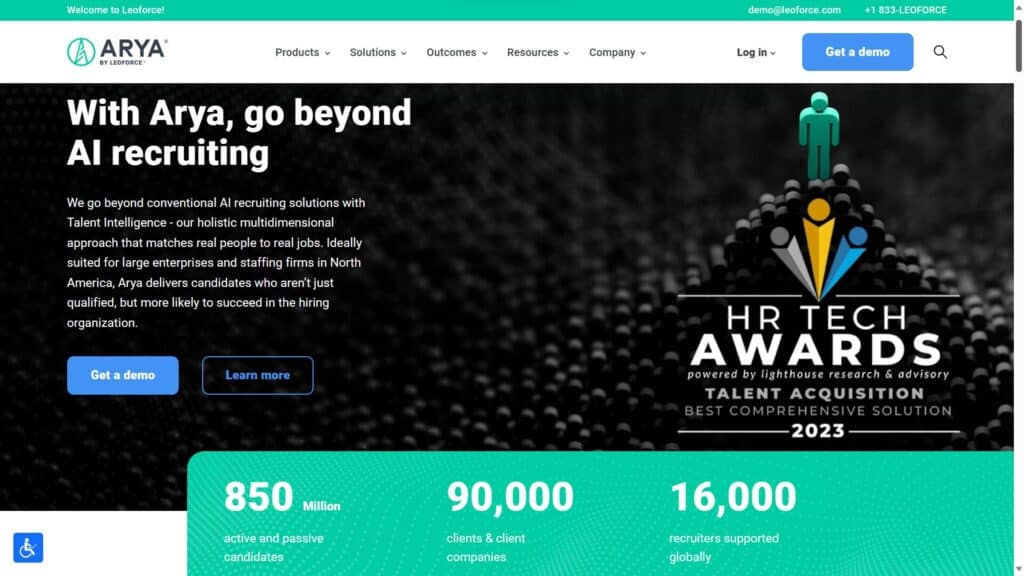 Arya by Leoforce Home Page - Best AI Recruitment Tools Overall