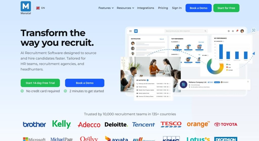 An image of the Manatal Home Page -Best AI Recruitment tools for Value for Money