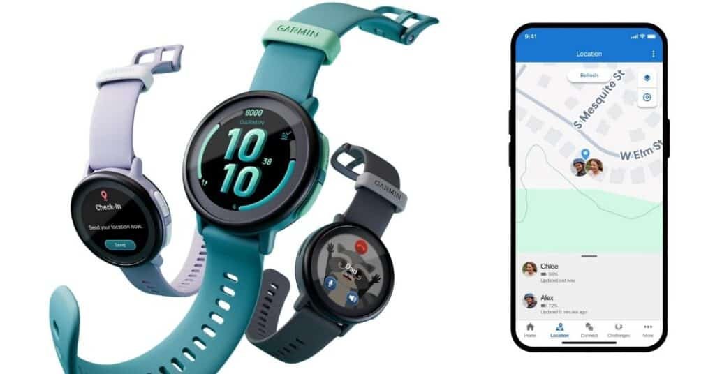 11 Best Adhd Watches 2026 For Better Focus 33 An Image Of Three Garmin Bounce 2 Watches In Different Colours (Turquoise, Slate Grey, And Light Purple) Flying Through The Air. On The Right Is A Mobile Phone Which Shows How You Can Keep Track Of Your Child'S Location In Real Time On A Map. You See The Child'S Location On The Map. The Garmin Bounce 2 Is The Best Adhd Watch For Kids.