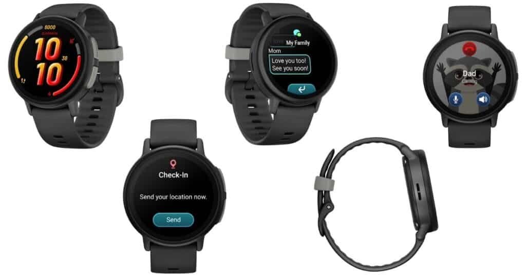 11 Best Adhd Watches 2026 For Better Focus 35 An Image Of Five Angles Of The Garmin Bounce 2 Watch In The Slate Grey Colour. You Also See Different Screens On The Watch Showing Different Features Of The Watch. The Garmin Bounce 2 Is The Best Adhd Watch For Kids.