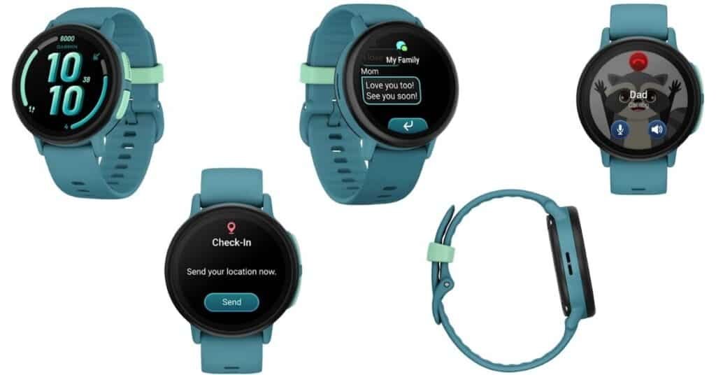 11 Best Adhd Watches 2026 For Better Focus 34 An Image Of Five Angles Of The Garmin Bounce 2 Watch In The Turquoise Colour. You Also See Different Screens On The Watch Showing Different Features Of The Watch. The Garmin Bounce 2 Is The Best Adhd Watch For Kids.