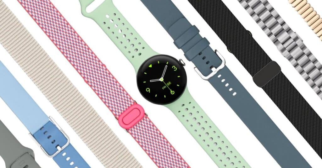 11 Best Adhd Watches 2026 For Better Focus 42 An Image Of Seven Google Pixel Watch 3 Bands With A Google Pixel Watch 3 In The Center With A Green Watch Band.