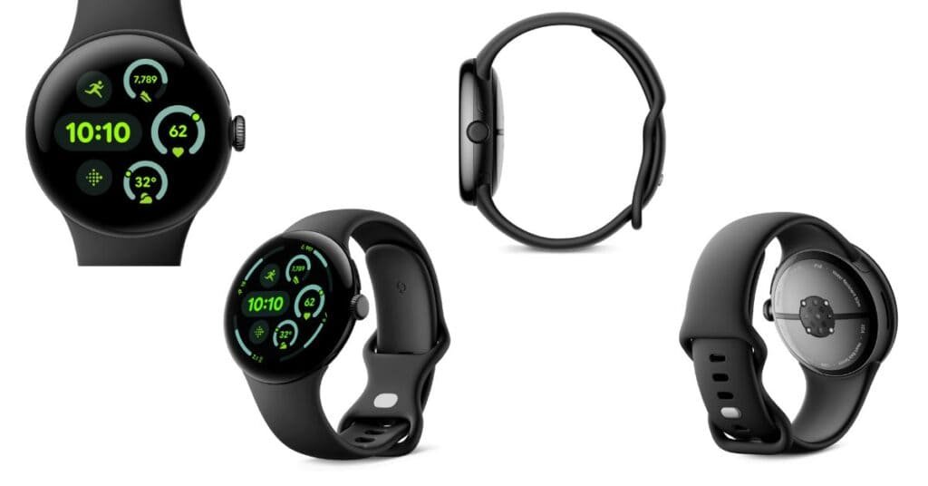 11 Best Adhd Watches 2026 For Better Focus 43 An Image Of The Google Pixel Watch 3 Matte Black Aluminium Case - Obsidian Active Band At Four Different Angles - Front, Side, Front/Side, And Back.