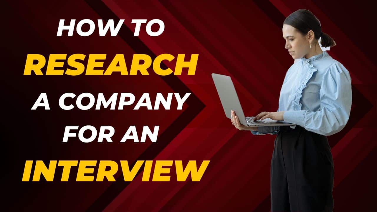 An image of a woman holding a laptop with the header in white and yellow font which says: "How to Research a Company for an Interview."
